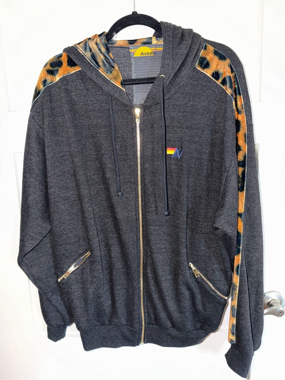 Aviator Nation Charcoal Hoodie with Leopard Accent and Gold Zipper